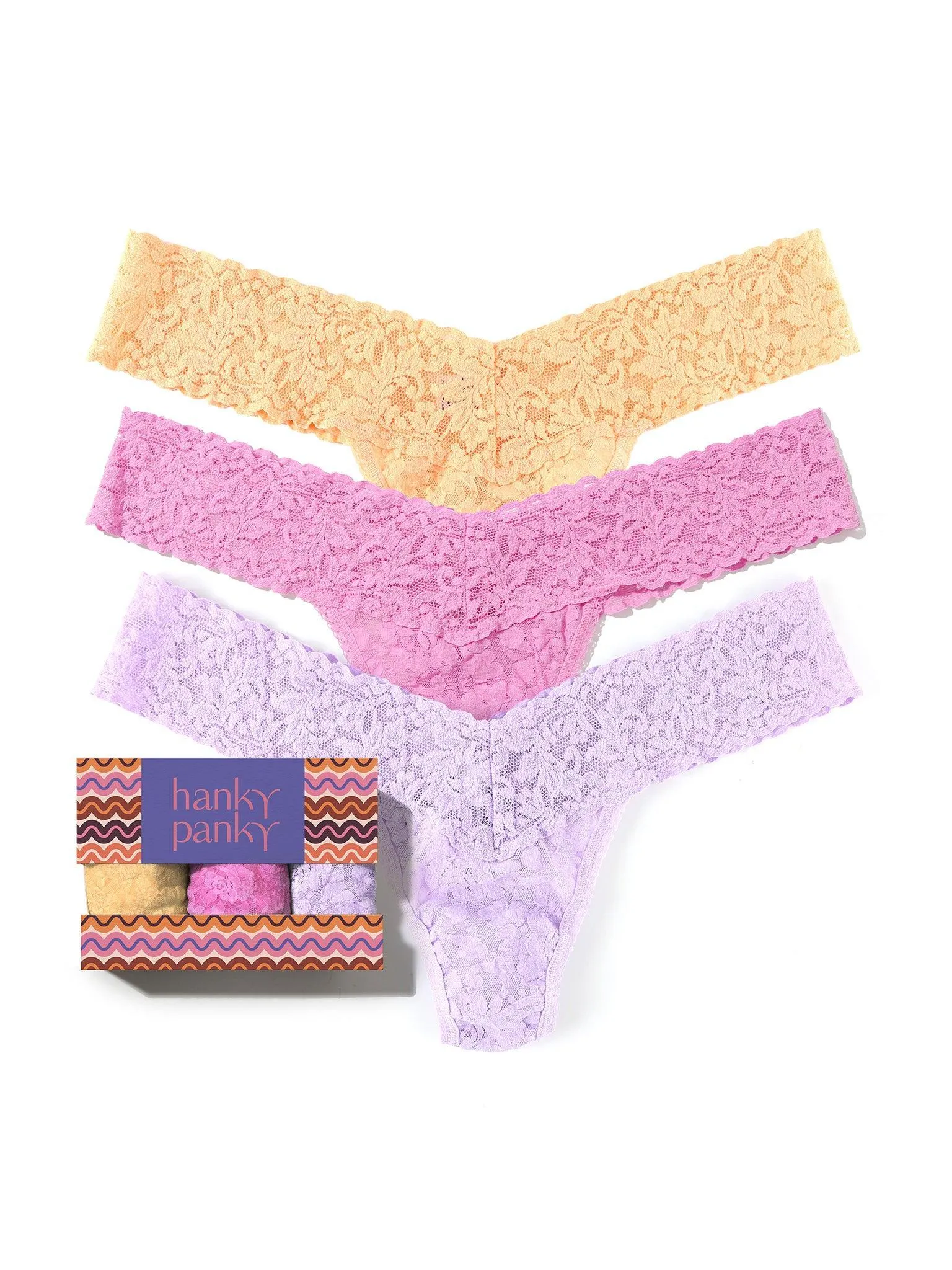 3 Pack 4911 Signature Lace® Low Rise Thongs In Printed Box Apricot Crush Orange sold by Hanky Panky