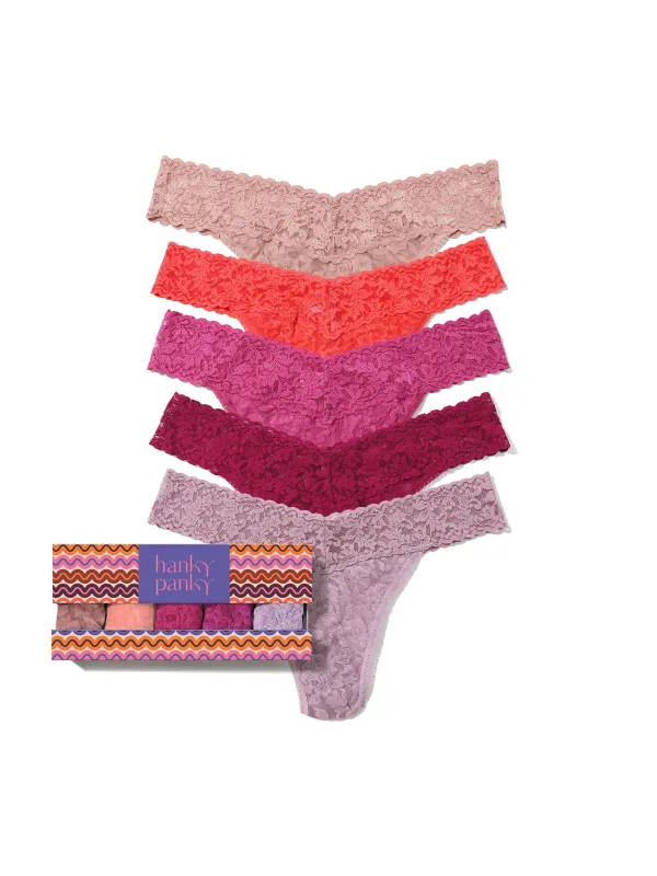 5 Pack Signature Lace® Original Rise Thongs In Wild Rose Printed Box sold by Hanky Panky