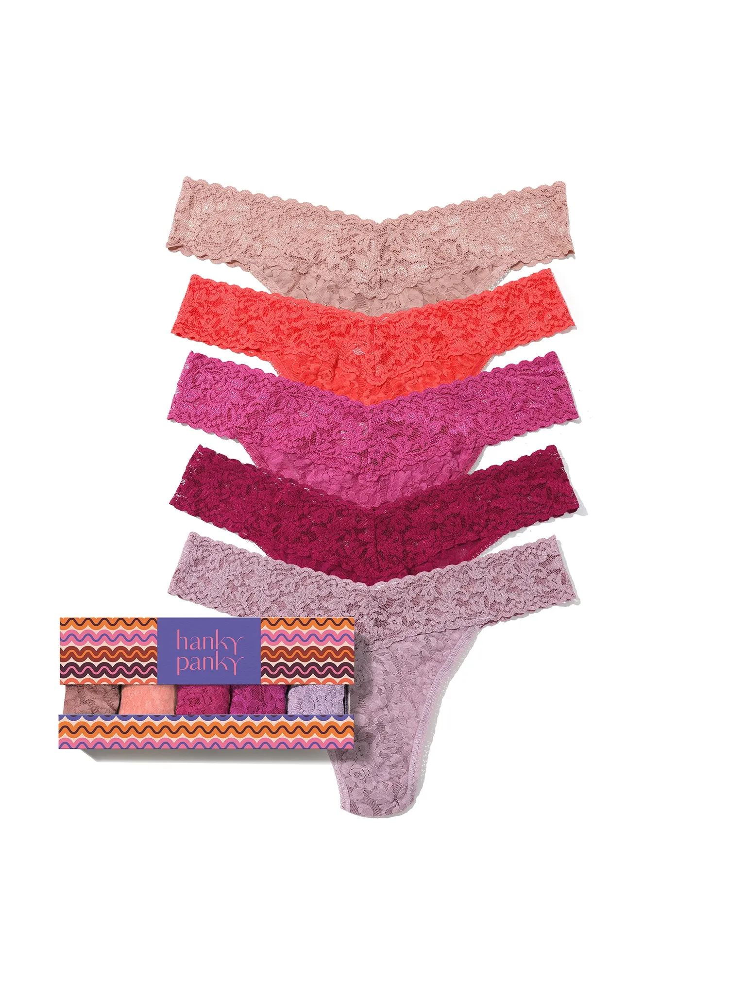 5 Pack Signature Lace® Original Rise Thongs In Wild Rose Printed Box Sale sold by Hanky Panky