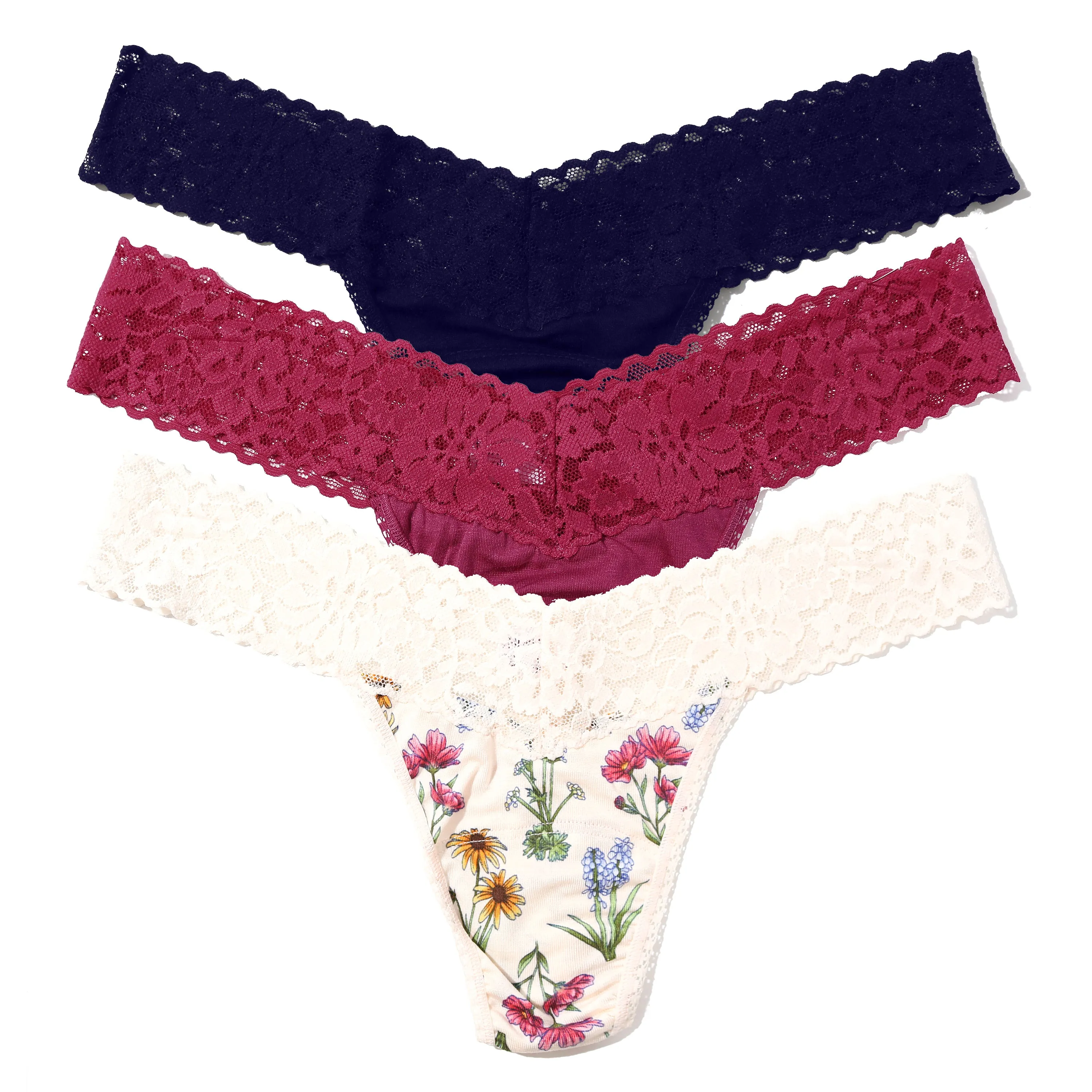 DreamEase® Low Rise Thong 3 Pack California Raisin/ Flourish Print/ Lavender Tea Pink sold by Hanky Panky