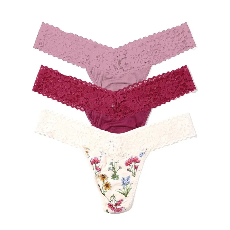 DreamEase™ Low Rise Thong 3 Pack California Raisin/ Flourish Print/ Lavender Tea Pink sold by Hanky Panky