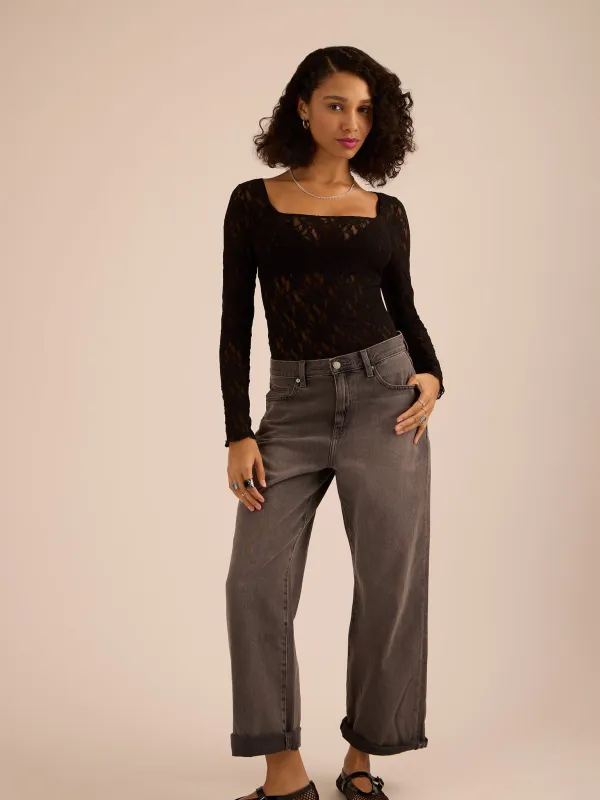 Signature Lace® Square Neck Long Sleeve Top Black Sale made by Hanky Panky