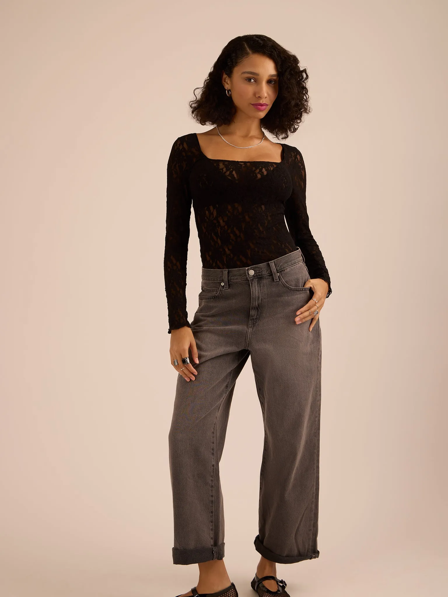 Signature Lace® Square Neck Long Sleeve Top Black Sale sold by Hanky Panky