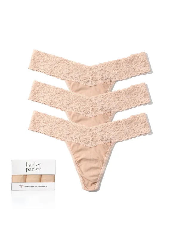 3 Pack Supima® Cotton Low Rise Thongs With Lace Chai sold by Hanky Panky