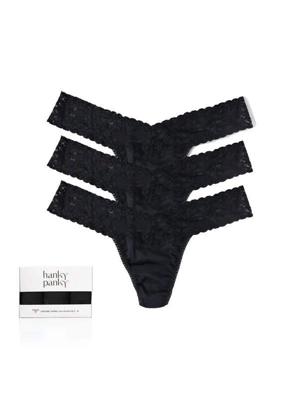 3 Pack Supima® Cotton Low Rise Thongs With Lace Black sold by Hanky Panky