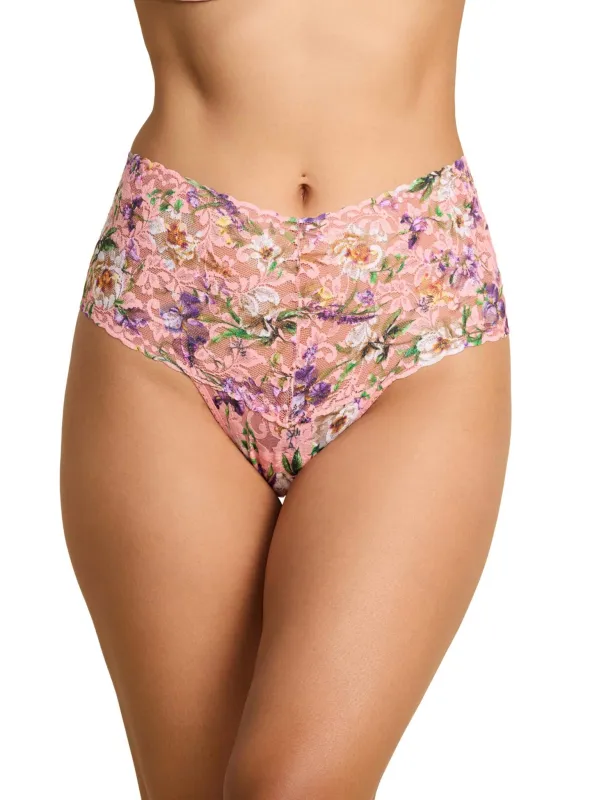 Printed Retro Lace Thong Fawning Flora Coral Pink sold by Hanky Panky