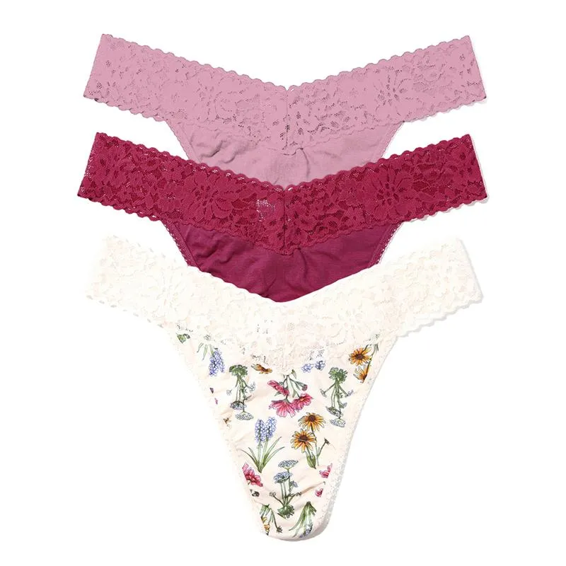 DreamEase™ Original Rise Thong 3 Pack - California Raisin Purple/ Flourish Print/ Lavender Tea Pink sold by Hanky Panky