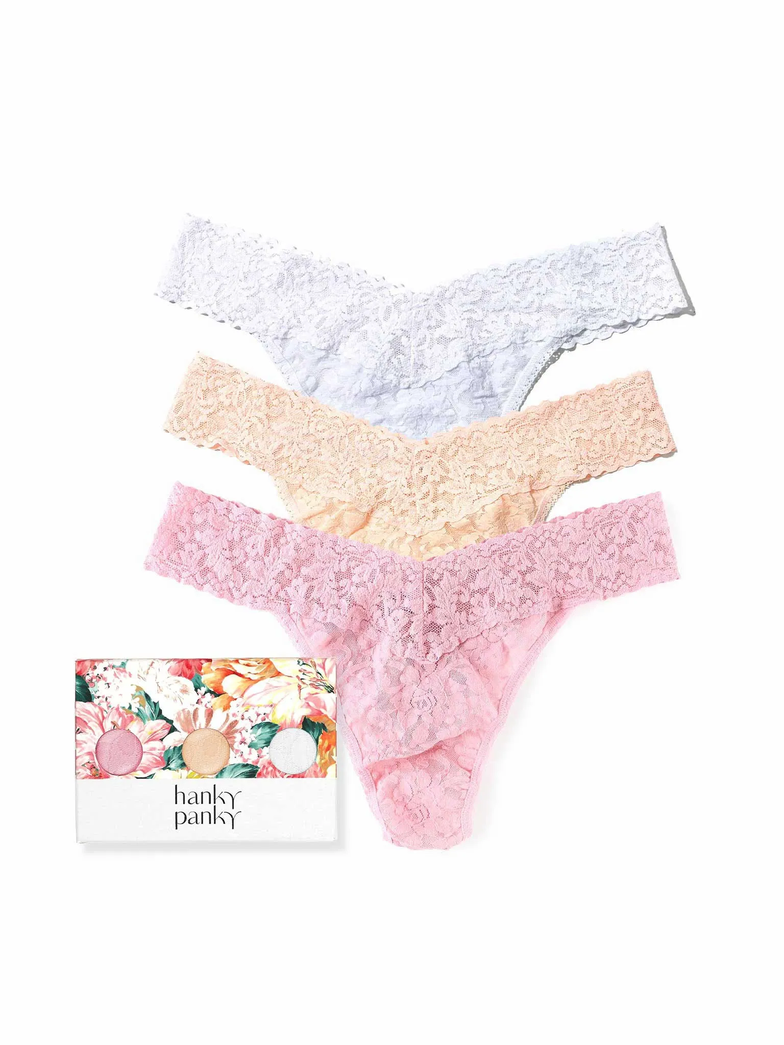 3 Pack Signature Lace® Original Rise Thongs In Printed Box Sunrise Neutrals sold by Hanky Panky