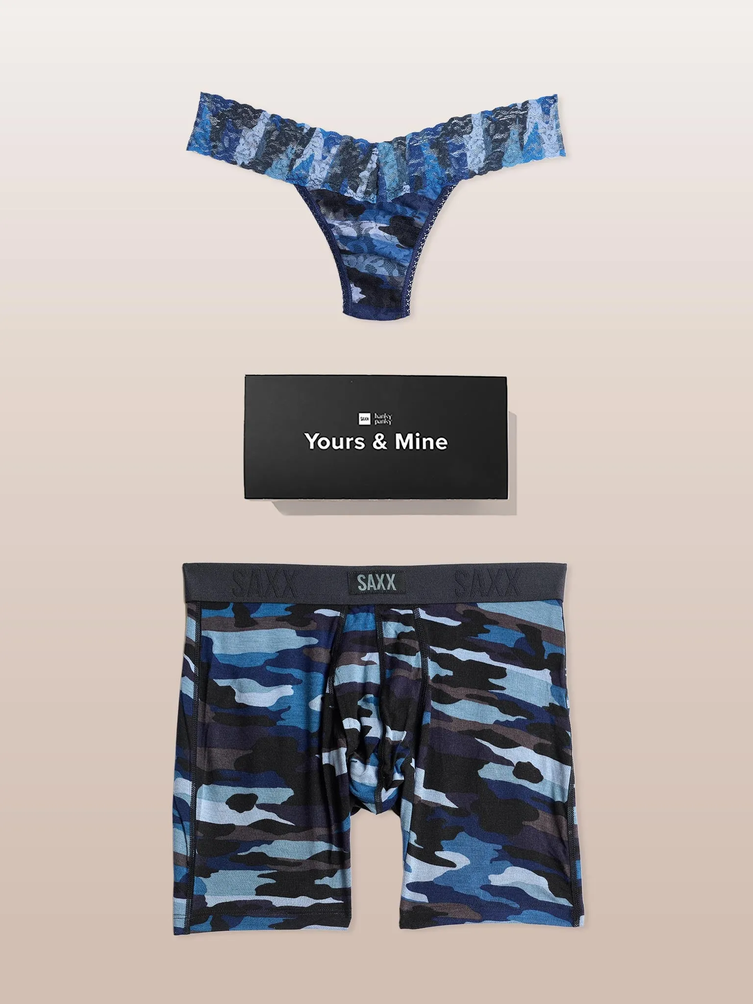 Signature Lace® Low Rise Thong And Saxx Super Soft Vibe Boxer Brief Cloudbank Camo-Navy sold by Hanky Panky