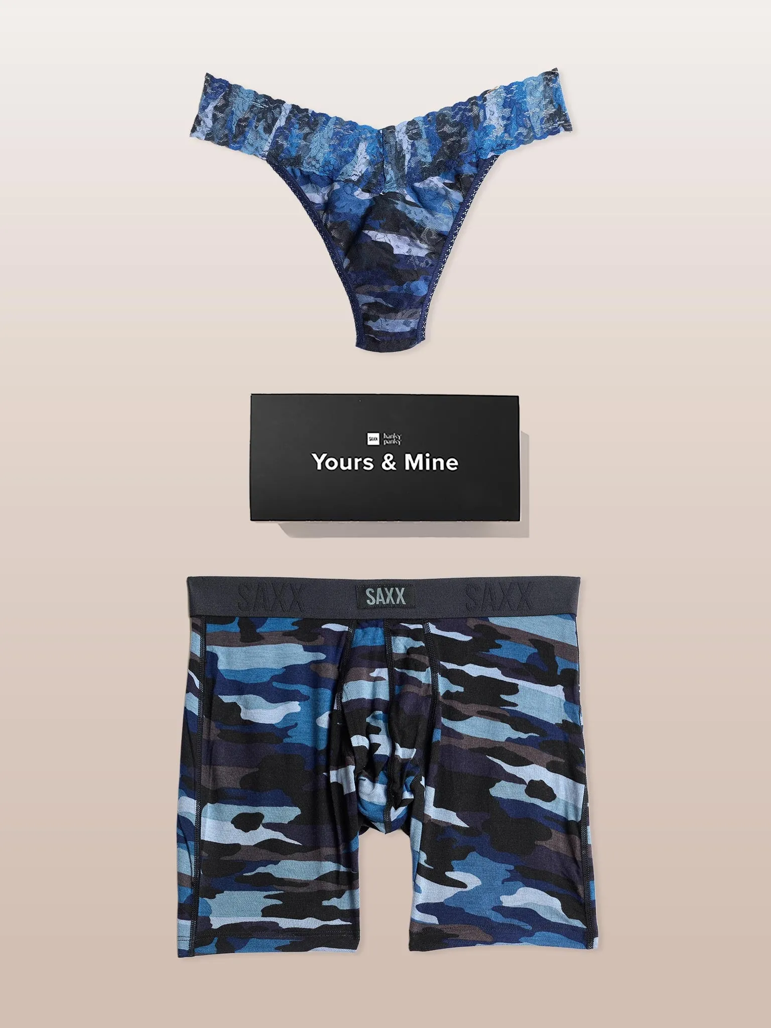 Signature Lace® Original Rise Thong And Saxx Super Soft Vibe Boxer Brief Cloudbank Camo-Navy sold by Hanky Panky