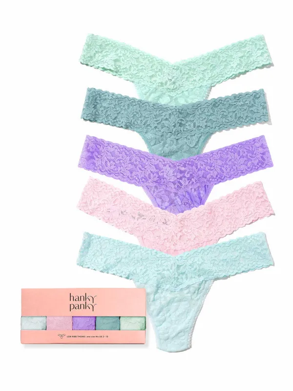 Pastels & Poise 5 Pack Signature Lace® Low Rise Thongs In Printed Box Spring Pastels Sale made by Hanky Panky