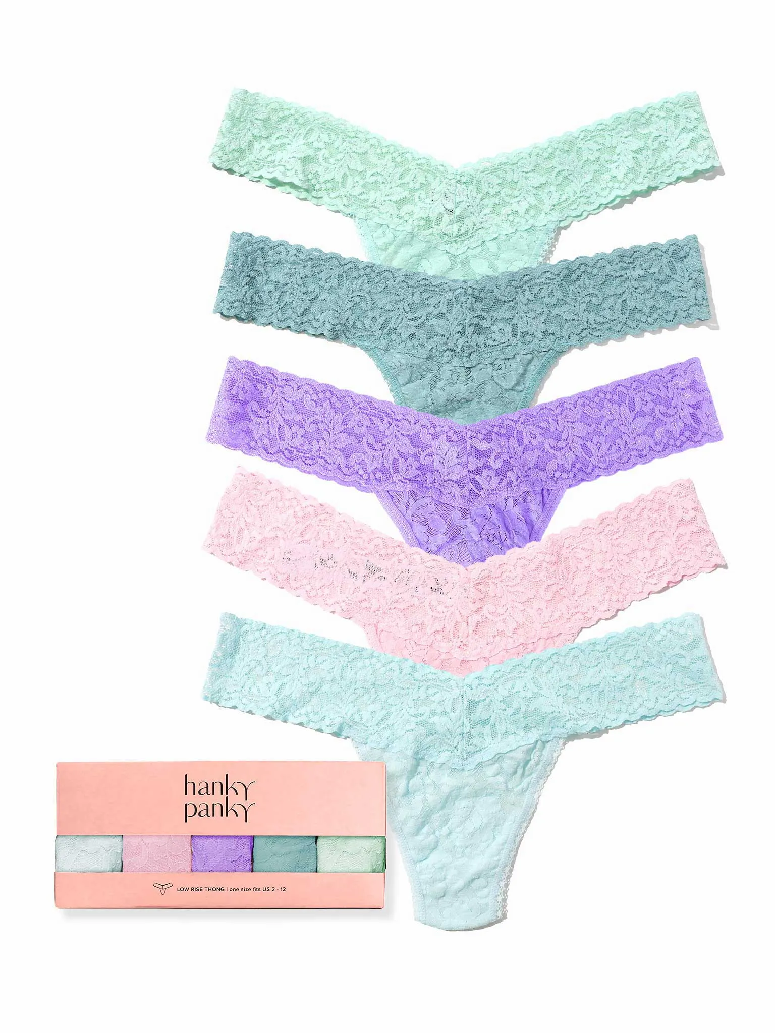 Pastels & Poise 5 Pack Signature Lace® Low Rise Thongs In Printed Box Spring Pastels Sale sold by Hanky Panky