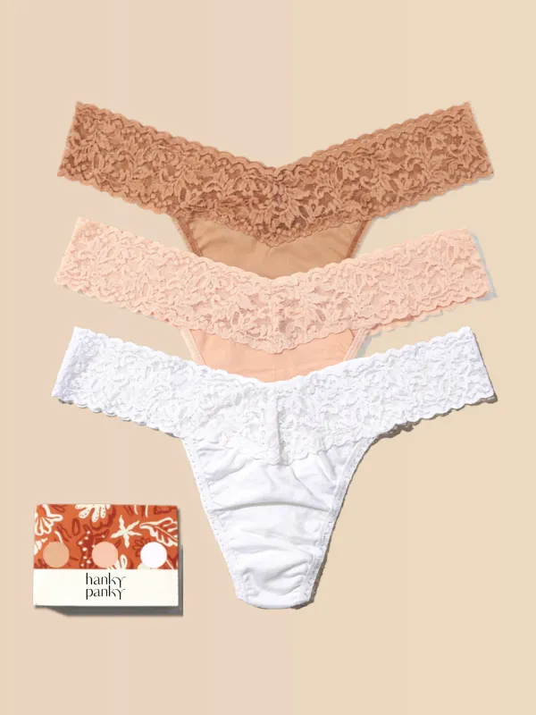 3 Pack Supima® Cotton Low Rise Thongs With Lace Golden Sands (Sun Tan, Chai & White) made by Hanky Panky