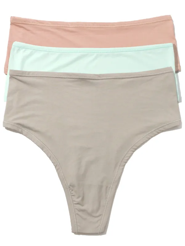 3 Pack YourFit™ High Rise Thong Almond Milk/Crystal Clear/Sleep In Grey made by Hanky Panky
