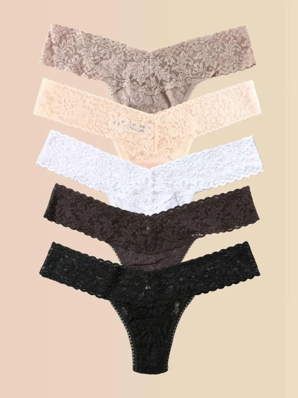 5 Pack Signature Lace® Original Rise Thongs In Printed Box Taupe/Desert Rose/White/Granite/Black made by Hanky Panky
