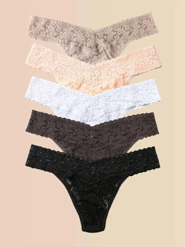 5 Pack Signature Lace® Low Rise Thongs In Printed Box Taupe/Desert Rose/White/Granite/Black made by Hanky Panky