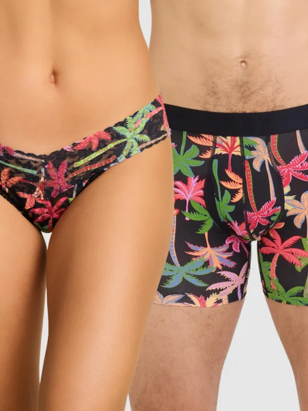 Signature Lace® Low Rise Printed Thong And SAXX Drop Temp Cooling Cotton Boxer Brief Mixed Palms-Black made by Hanky Panky