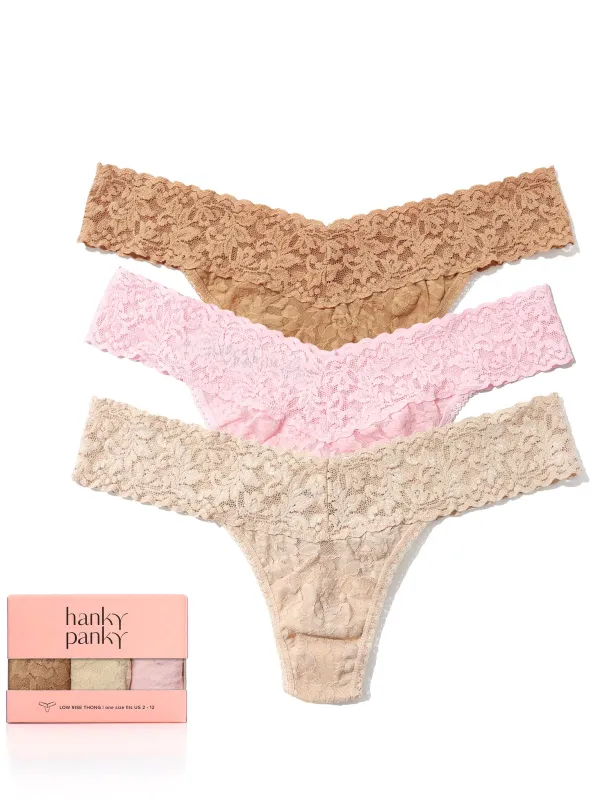 Sand Blush 3 Pack Signature Lace® Low Rise Thongs Suntan/Chai/Blushing Rose made by Hanky Panky