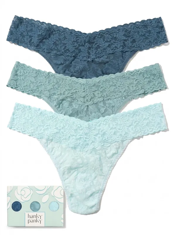 Blue Dream 3 Pack Signature Lace® Original Rise Thongs Storm Cloud Blue/ Duck Egg/ Celeste Blue made by Hanky Panky