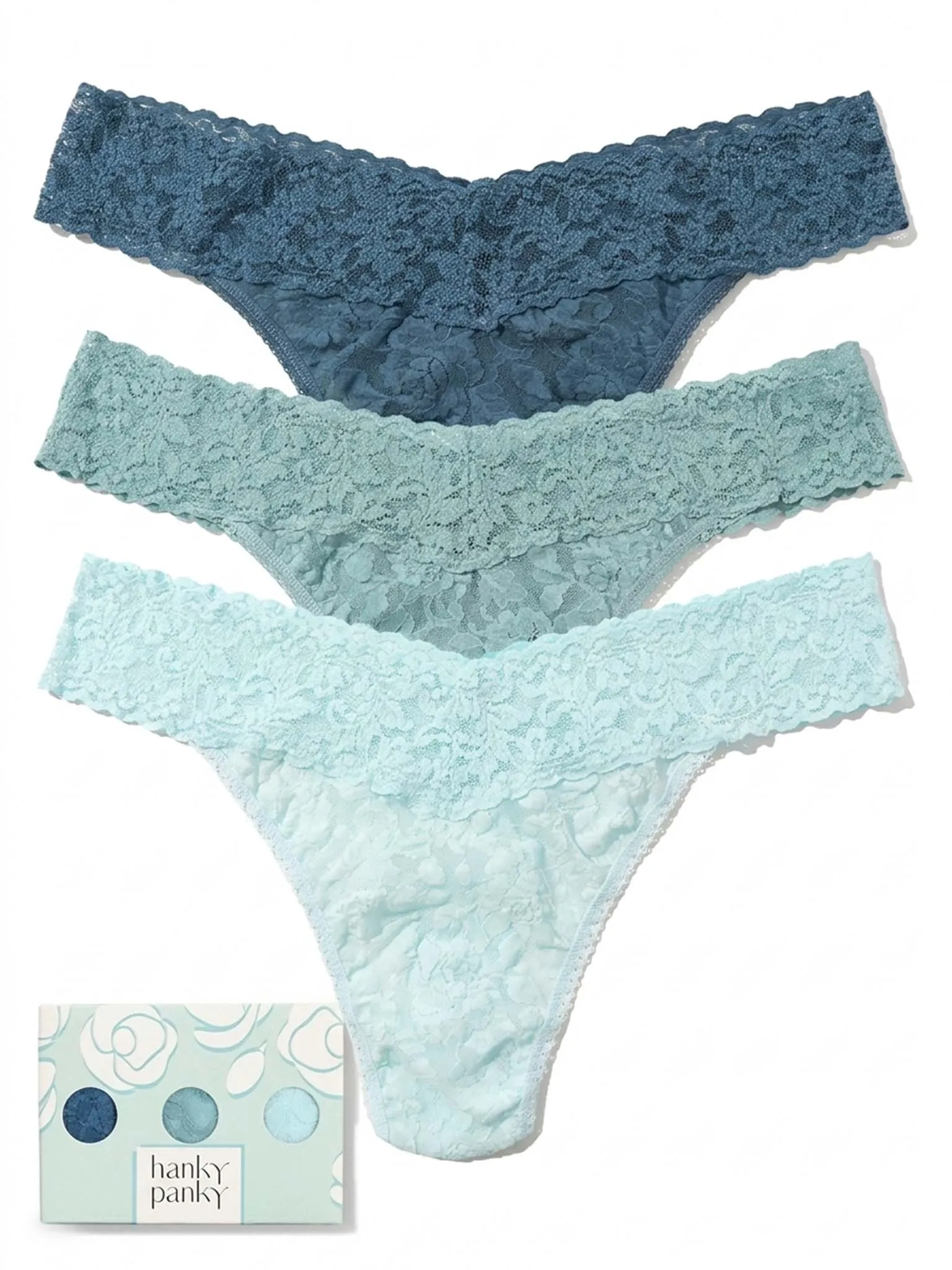 Blue Dream 3 Pack Signature Lace® Original Rise Thongs Storm Cloud Blue/ Duck Egg/ Celeste Blue sold by Hanky Panky
