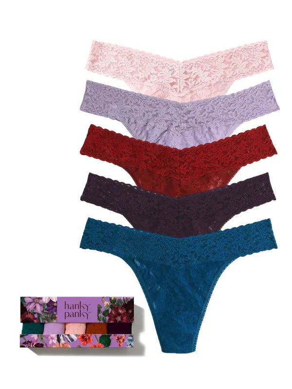 Secret Garden 5 Pack Signature Lace® Original Rise Thongs In Printed Box made by Hanky Panky