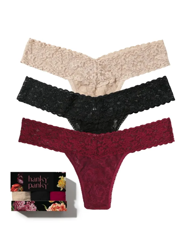 Bottle Service 3 Pack Signature Lace® Low Rise Thongs In Printed Box made by Hanky Panky