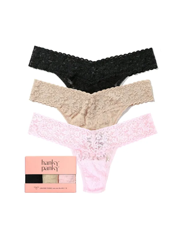 Basically Perfect 3 Pack Signature Lace® Low Rise Thongs made by Hanky Panky