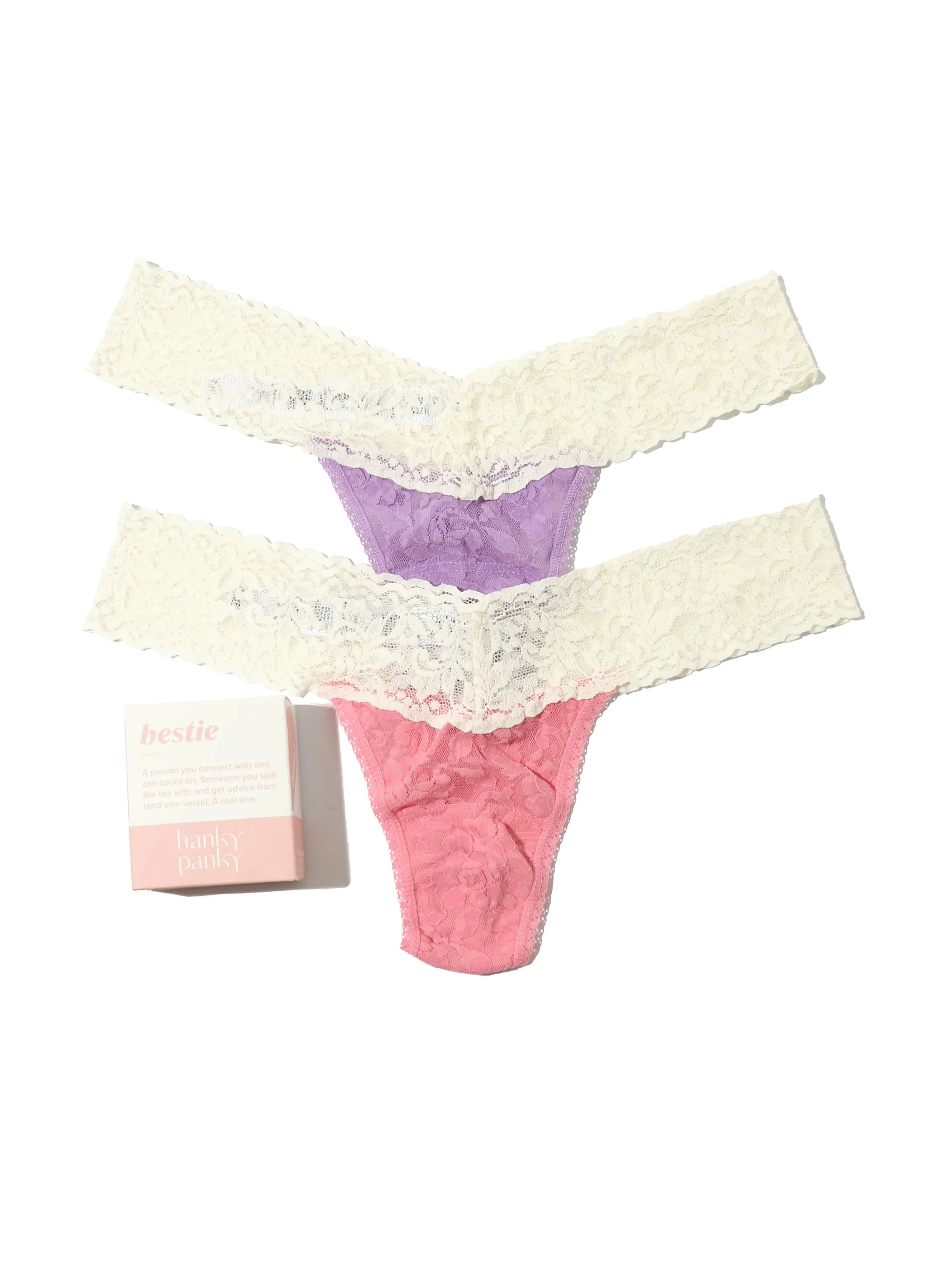 Bestie 2 Pack Low Rise Signature Lace Thongs in Box sold by Hanky Panky