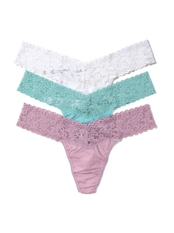 3 Pack Supima® Cotton Low Rise Thongs with Lace Water Lily sold by Hanky Panky
