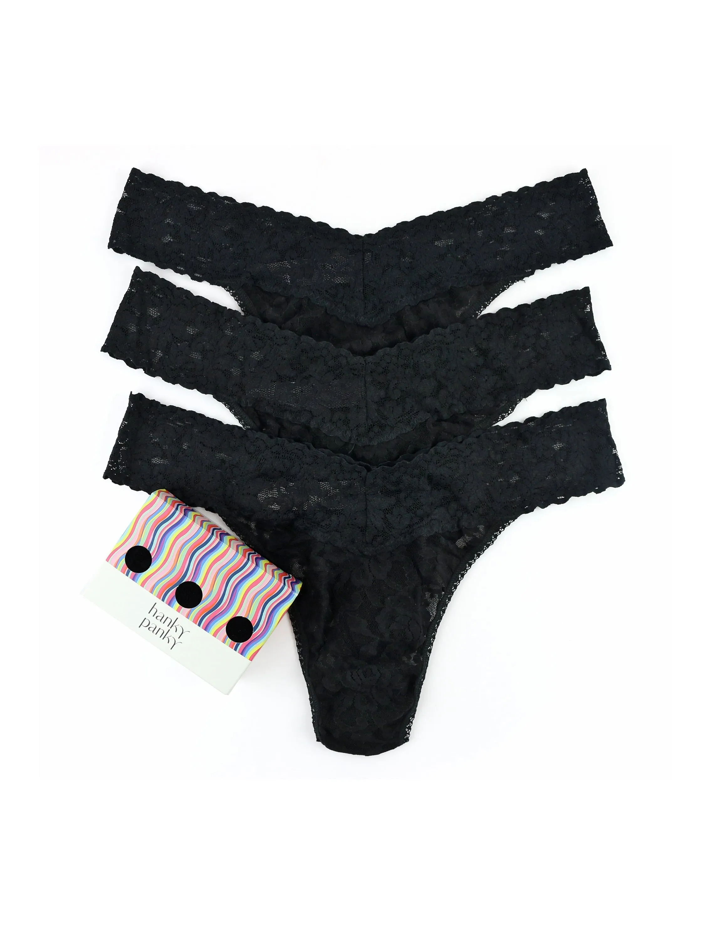 3 Pack Signature Lace® Original Rise Thongs Black sold by Hanky Panky