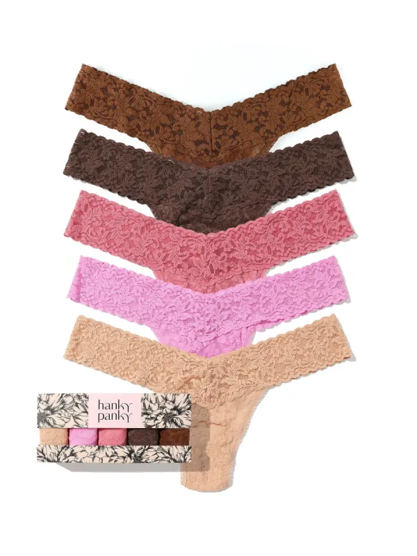 5 Pack Signature Lace Low Rise Thongs In Printed Box Macchiato Sale sold by Hanky Panky