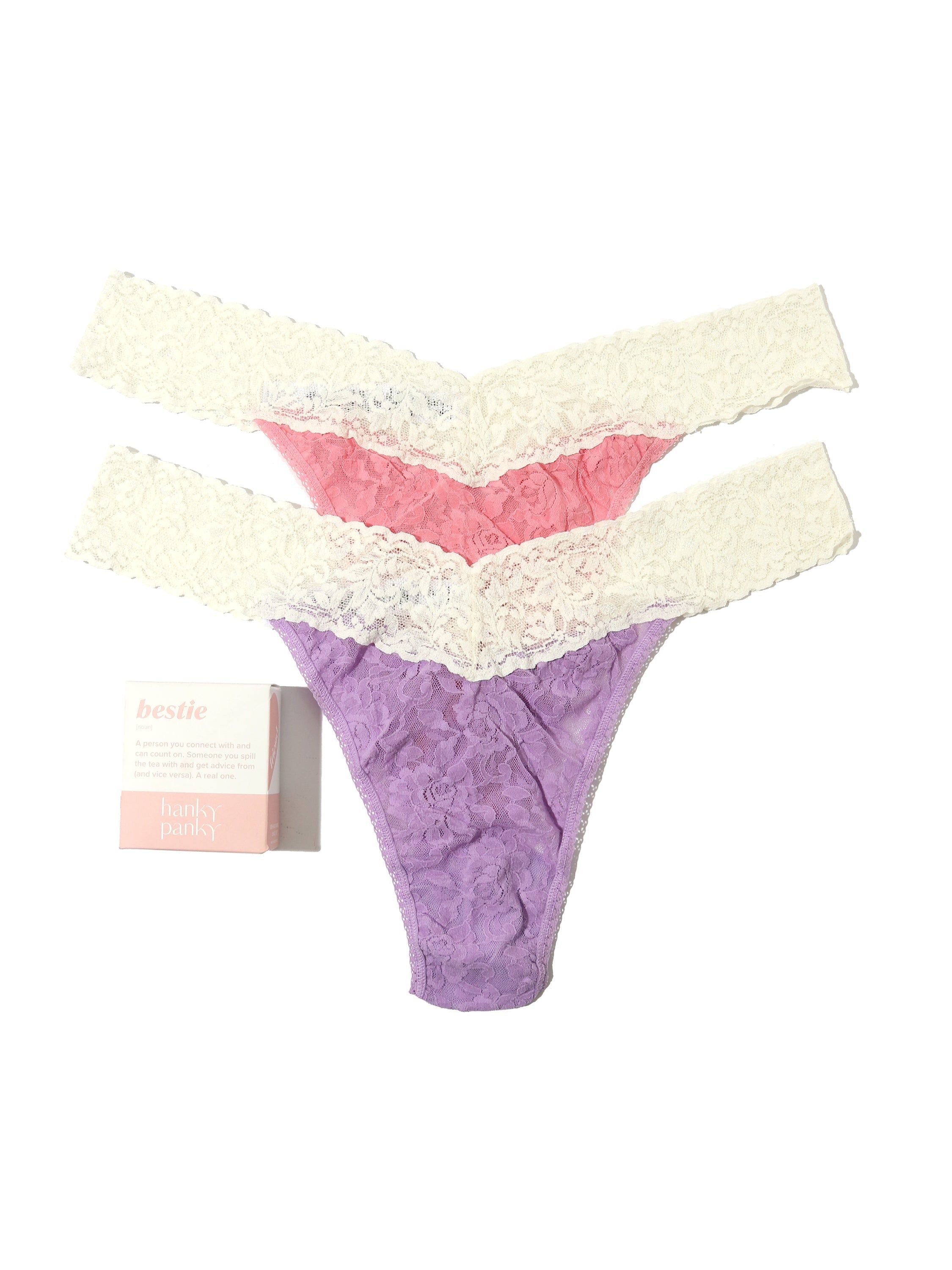 Bestie 2 Pack Original Rise Signature Lace Thongs in Box Sale sold by Hanky Panky
