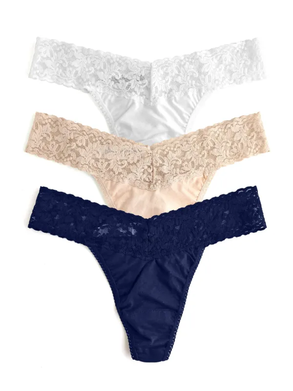3 Pack Supima® Cotton Original Rise Thongs with Lace White/Chai/Navy sold by Hanky Panky