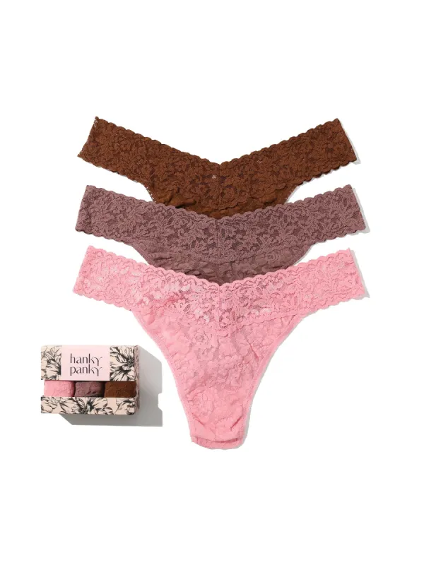 3 Pack Signature Lace Original Rise Thongs In Printed Box Pink Lady Sale sold by Hanky Panky
