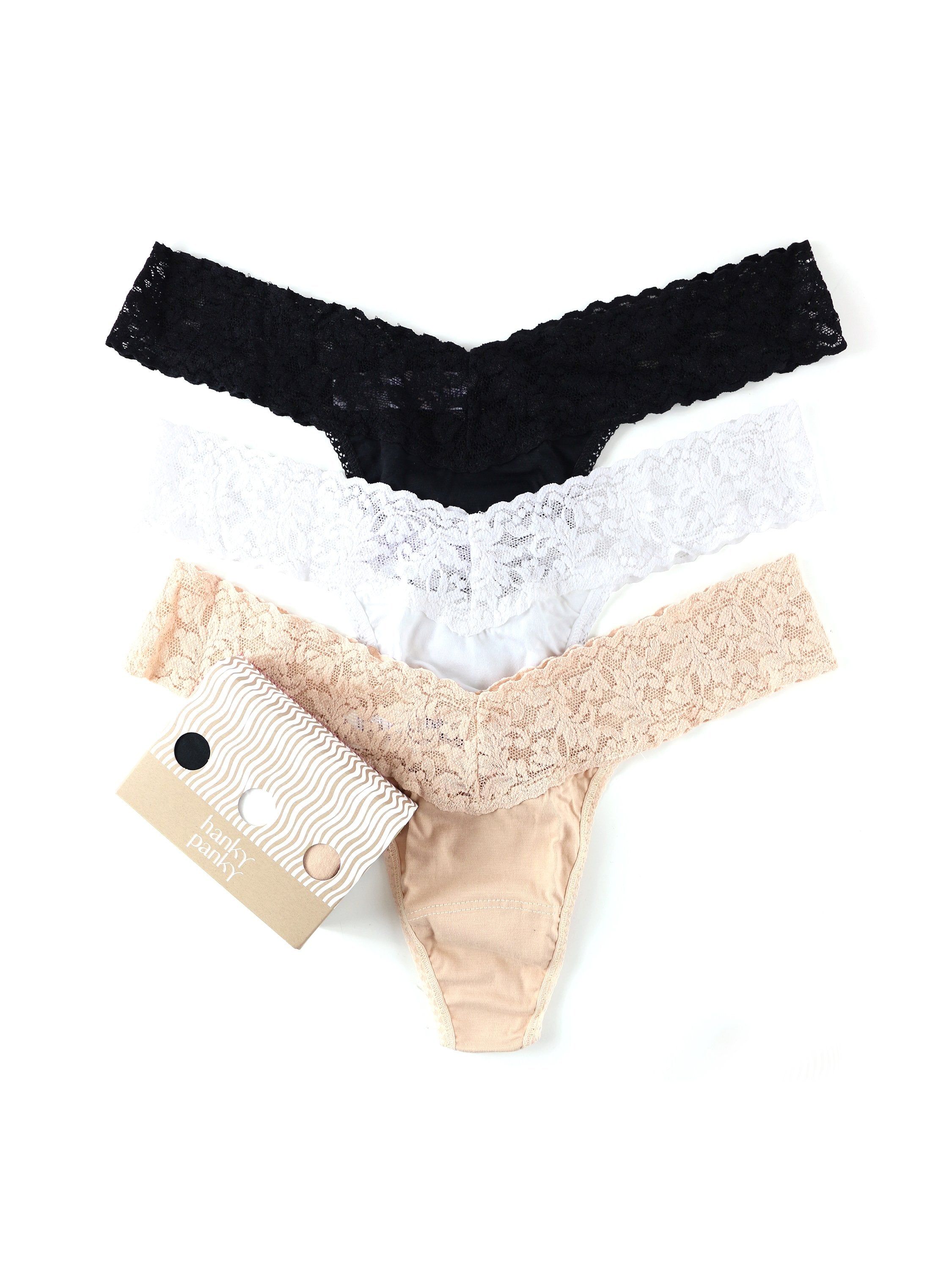 3 Pack Supima® Cotton Low Rise Thongs with Lace sold by Hanky Panky