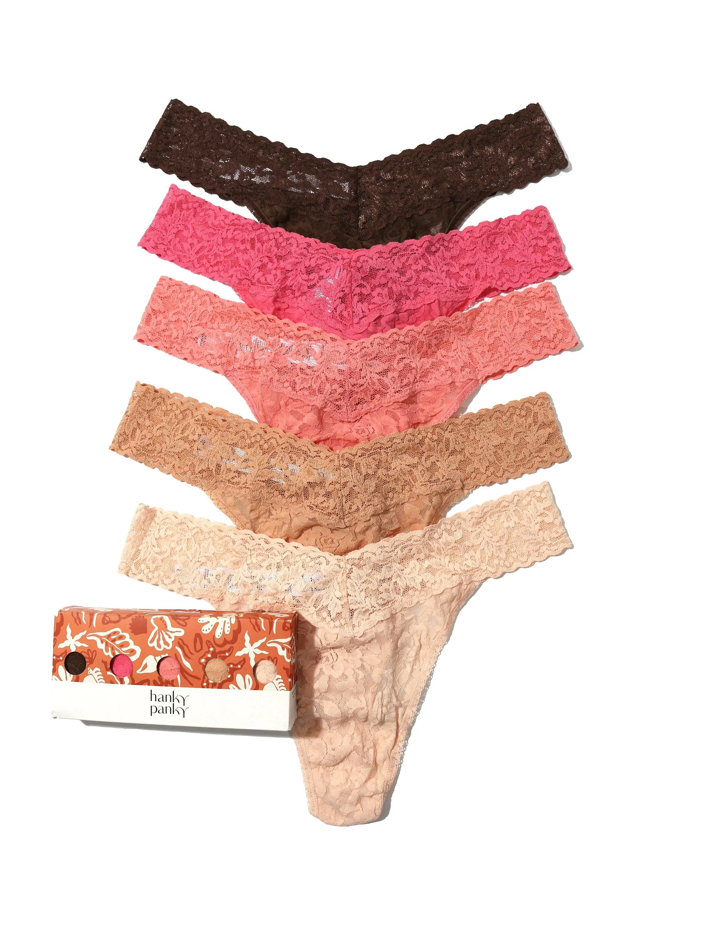 5 Pack Signature Lace Original Rise Thongs in Printed Box sold by Hanky Panky