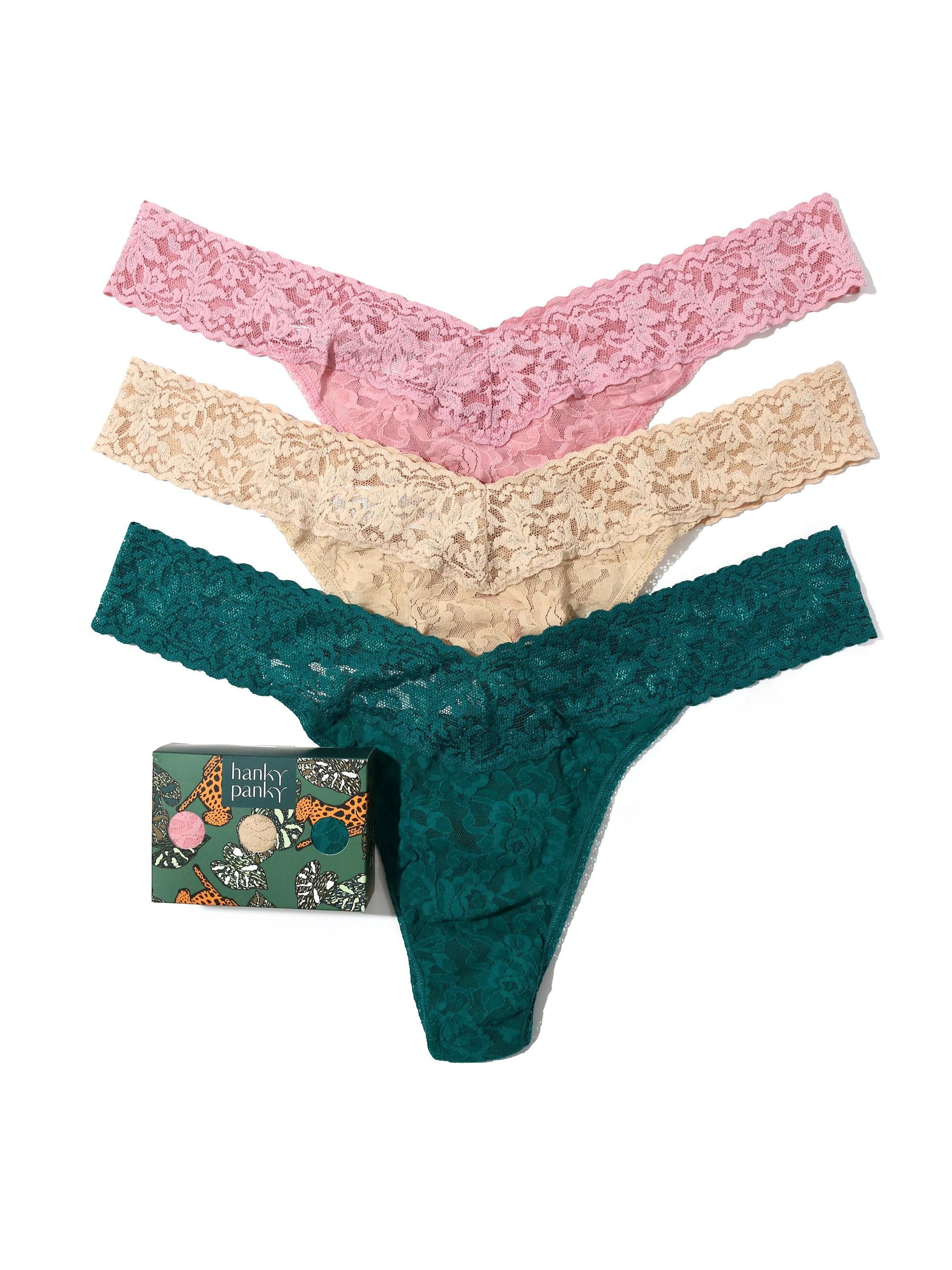 3 Pack Plus Size Signature Lace Original Rise Thongs Meadow Rose Pink Sale sold by Hanky Panky