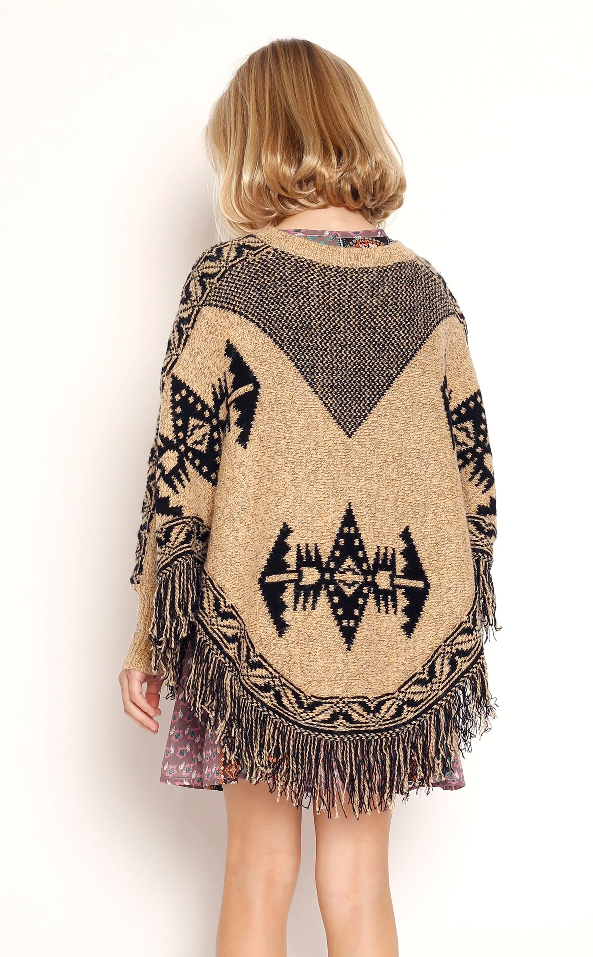 SWEATER PONCHO WITH NAVAJO PRINT AND MULTI COLOR FRINGE HEM sold by Hannah Banana product image thumbnail 3