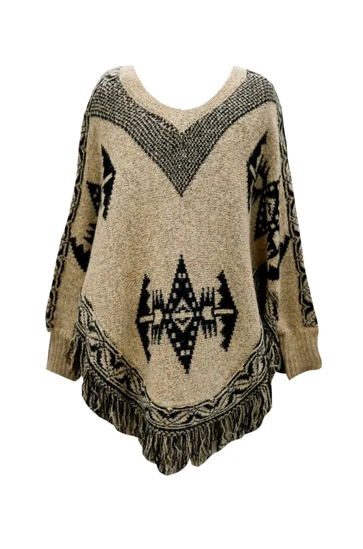 SWEATER PONCHO WITH NAVAJO PRINT AND MULTI COLOR FRINGE HEM made by Truly Me