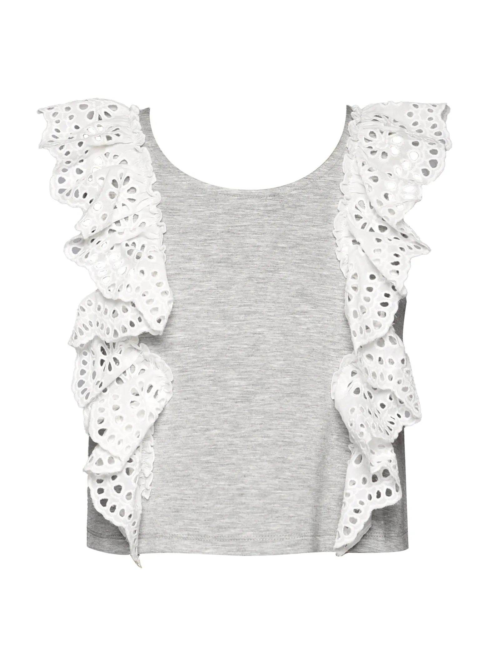 SLEEVELESS SCUBA TOP W/ EYELET RUFFLE sold by Hannah Banana