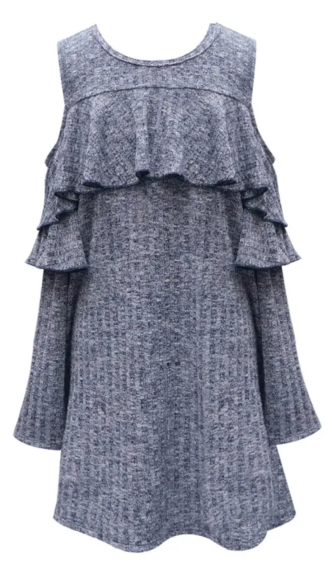 COLD SHOULDER RUFFLE SHIFT SWEATER DRESS made by Truly Me