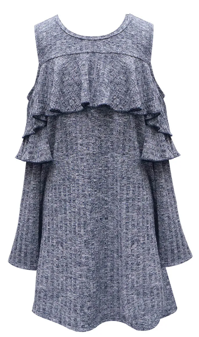 COLD SHOULDER RUFFLE SHIFT SWEATER DRESS sold by Hannah Banana