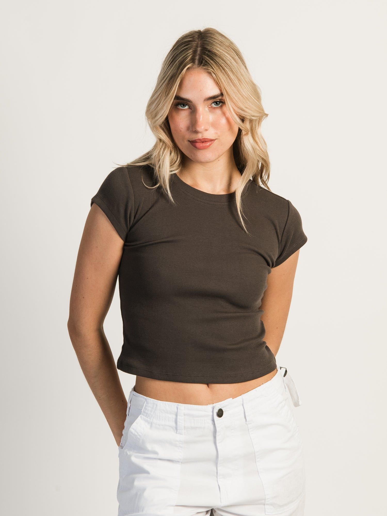 HARLOW RIBBED BABY TEE - CHARCOAL sold by Harlow