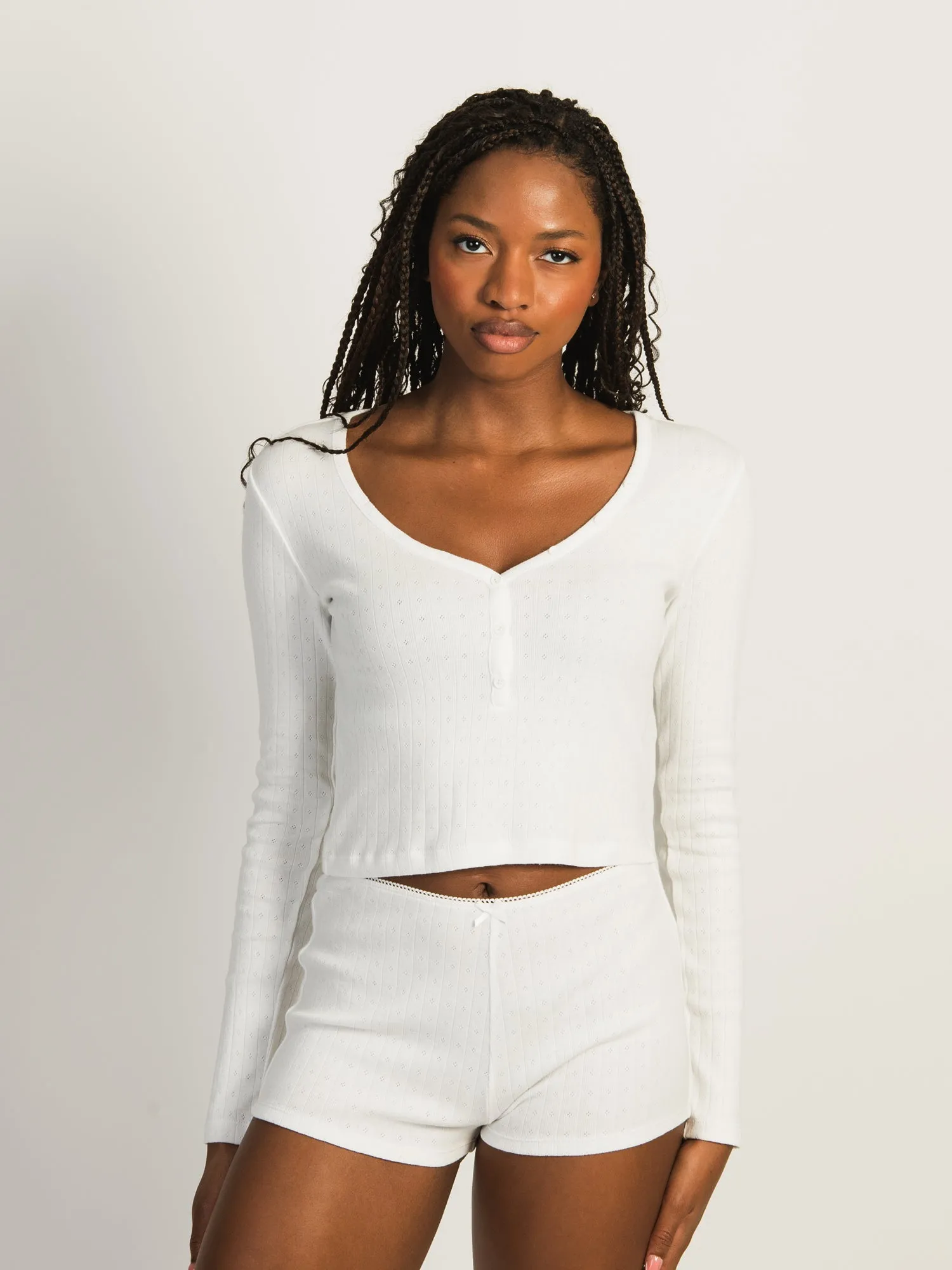 HARLOW PIA POINTELLE LONG SLEEVE HENLEY - OFF WHITE sold by Harlow