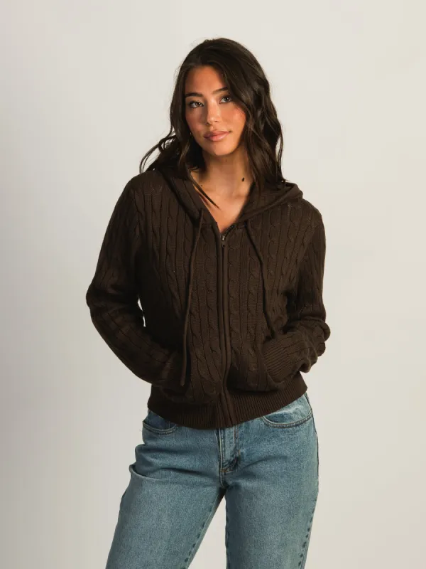 HARLOW MAUDE CABLE KNIT ZIP UP - CHOCOLATE sold by Harlow