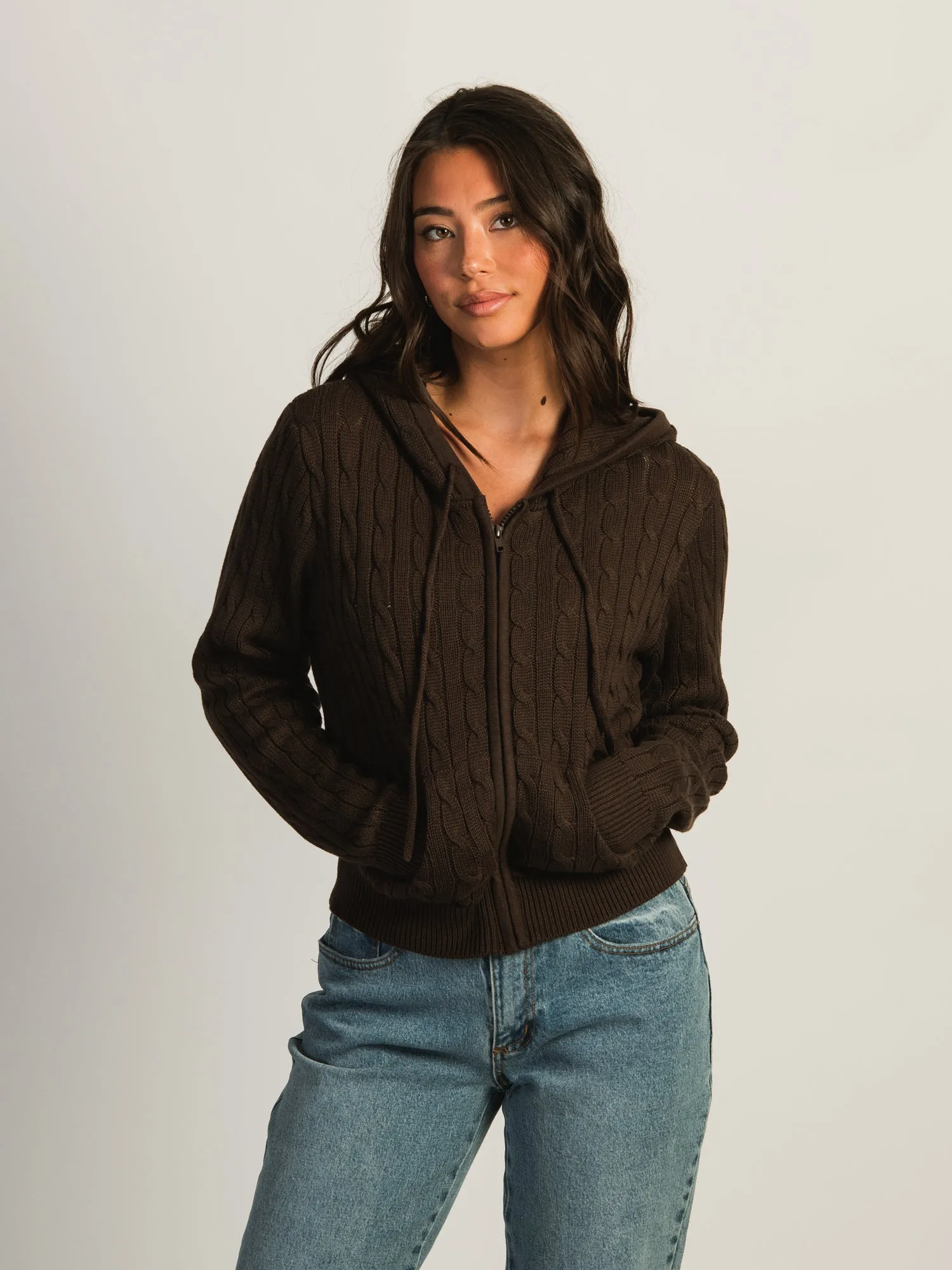 HARLOW MAUDE CABLE KNIT ZIP UP - CHOCOLATE sold by Harlow