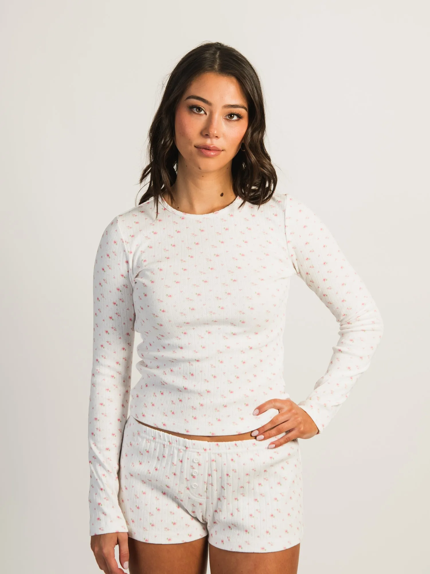 HARLOW PAYTON POINTELLE LONG SLEEVE PRINT - WHITE/PINK sold by Harlow