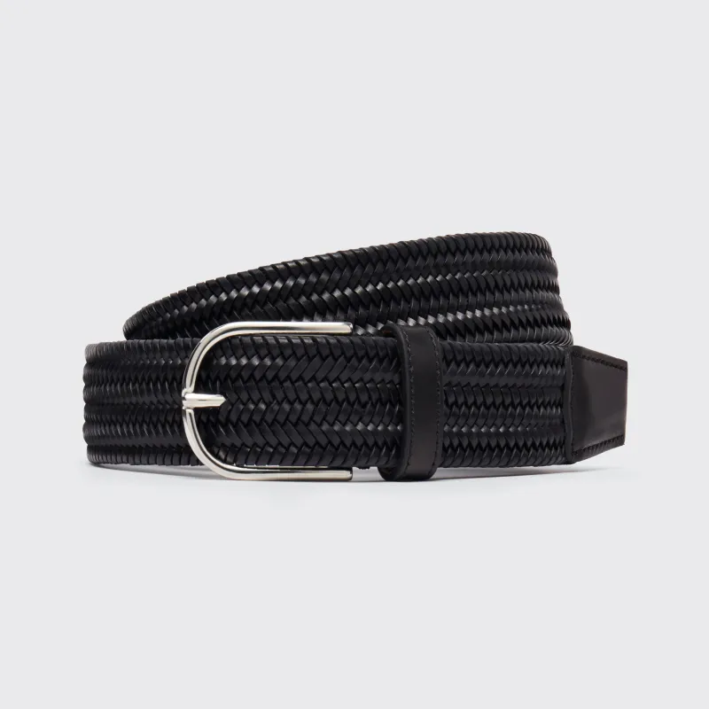Woven Elasticated Leather Belt Black 35mm sold by Harry's of London