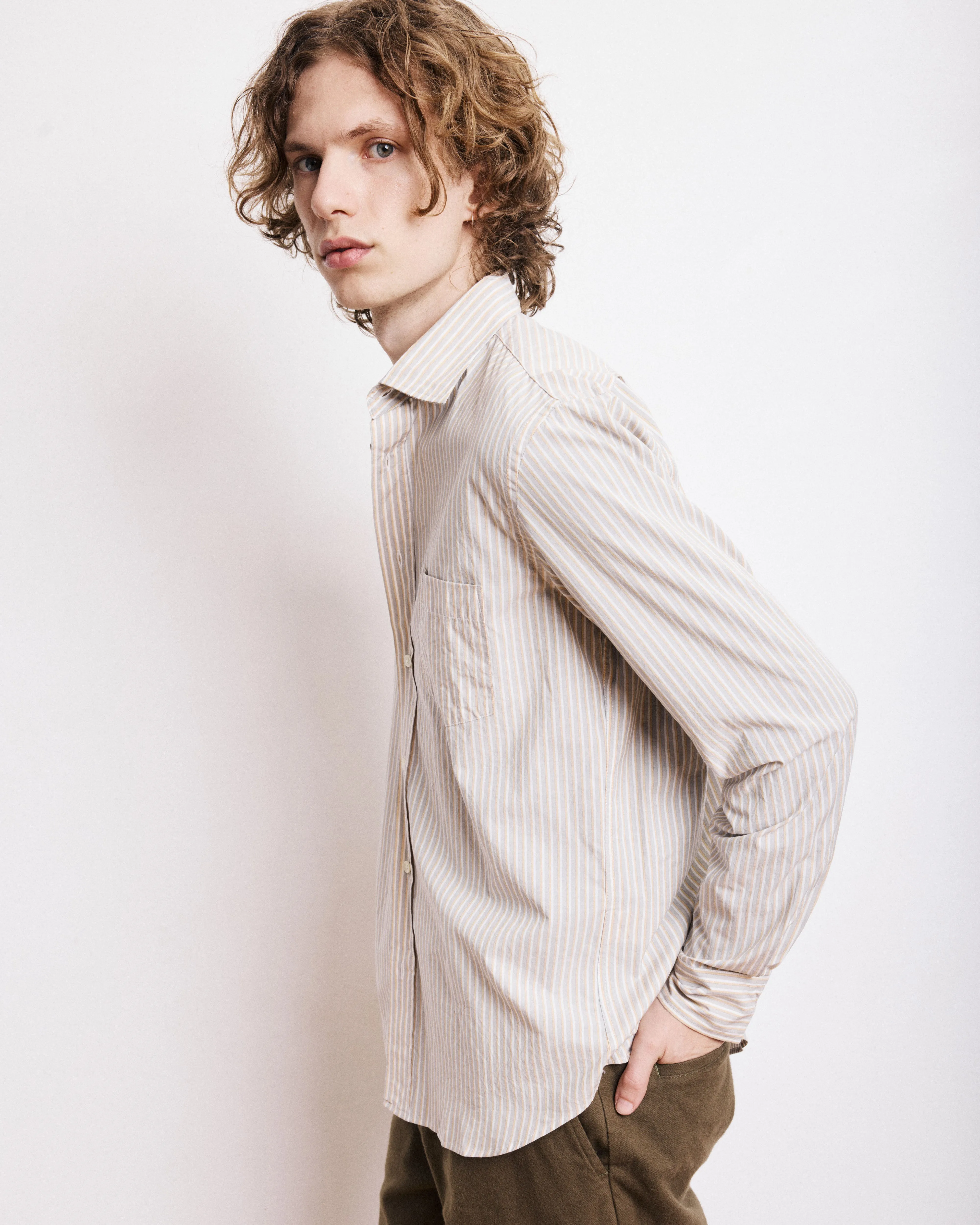 Chemise Homme en Popeline Rayée Jaune & Vert Paul sold by Hartford