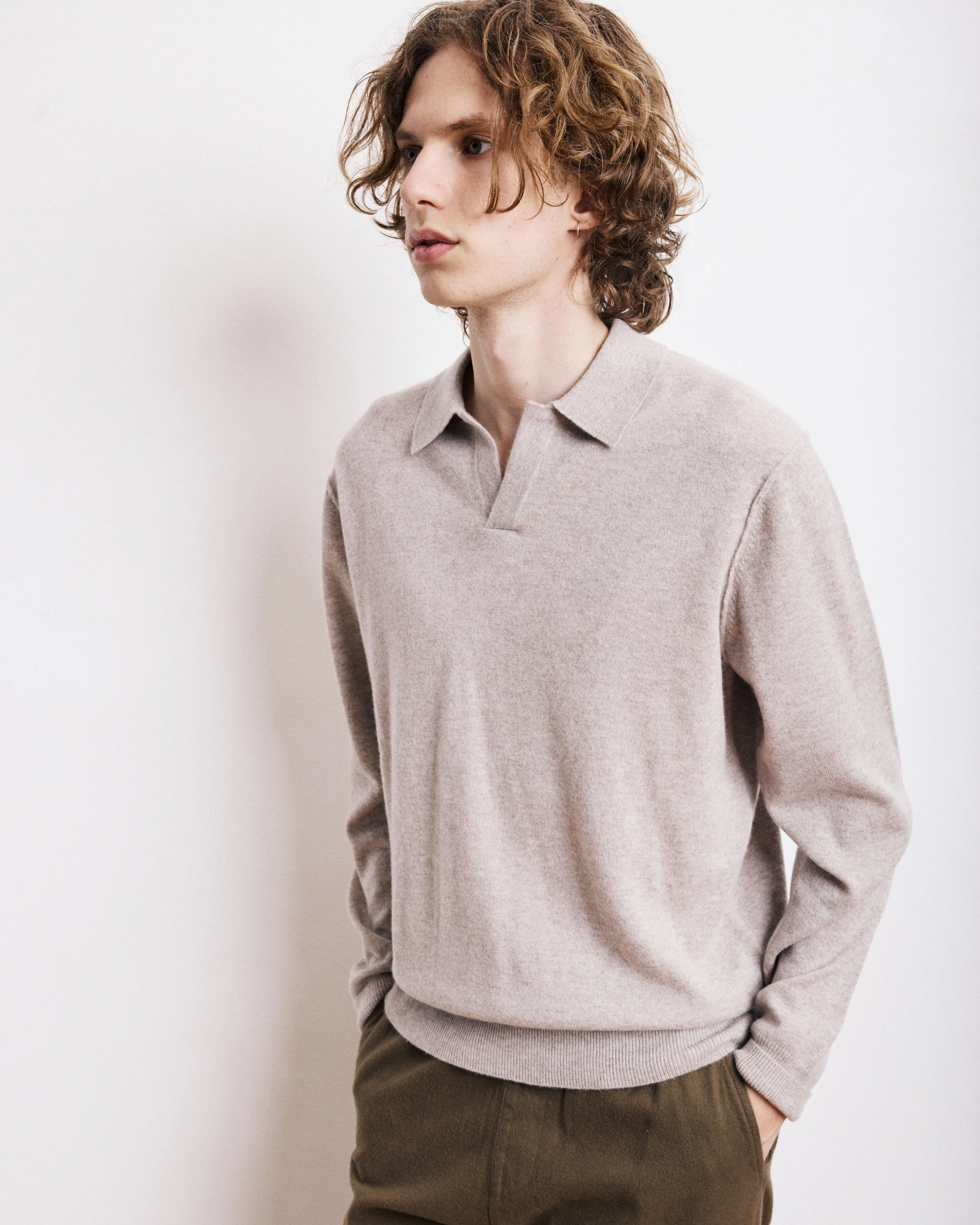 Pull Col Polo Homme en Laine & Cachemire Beige sold by Hartford